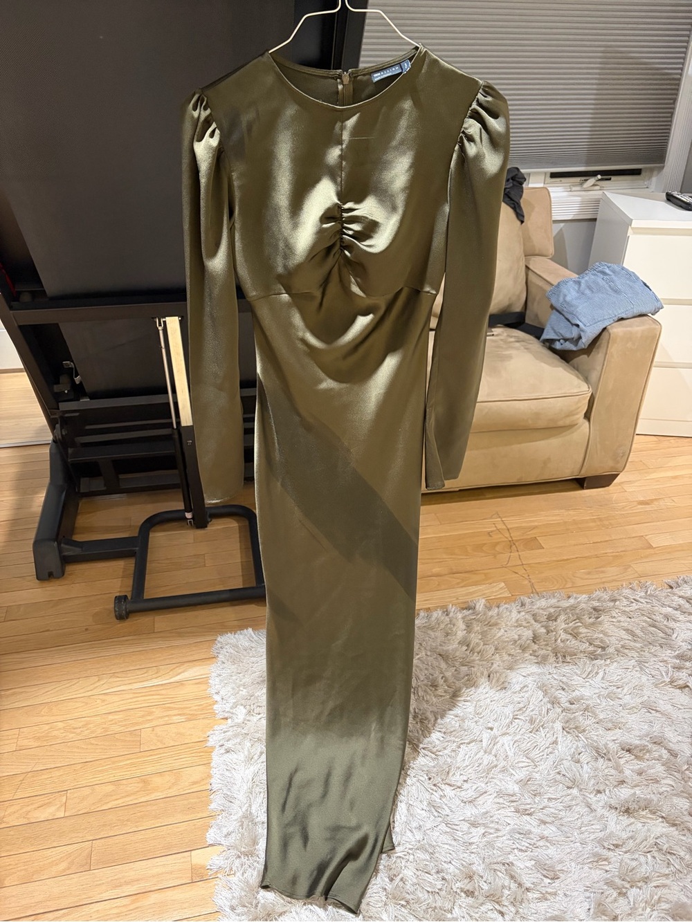 ASOS Olive Satin Long Sleeve Maxi Dress with Ruched Bodice